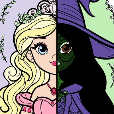 detailed realistic split of a princess and a witch