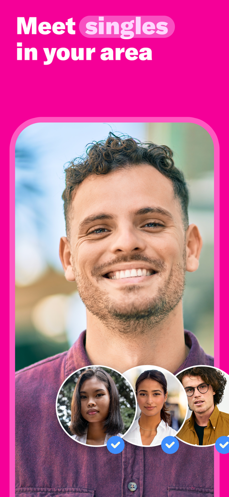 OkCupidデーティングアプリの画面。多様なシングルのプロフィールと、「お近くのシングルに会いましょう」というテキストが表示されています。