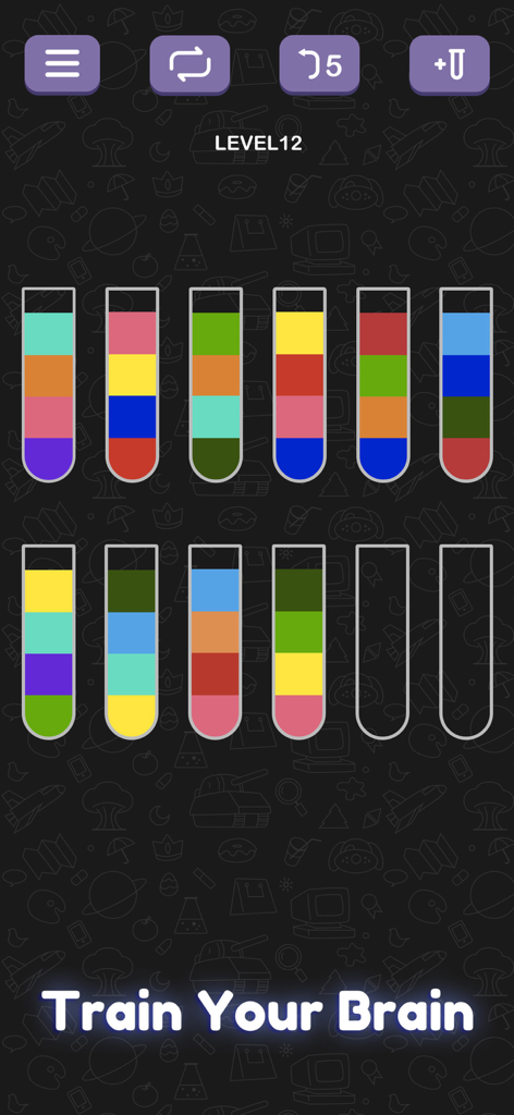 Uno schermo di gioco mobile di Water Sort Puzzle che mostra più provette riempite con acqua colorata stratificata per l'ordinamento e il testo Allena il tuo cervello.