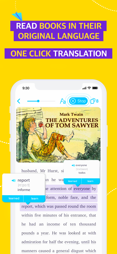 Mobile app screen showing The Adventures of Tom Sawyer with one click word translation feature.