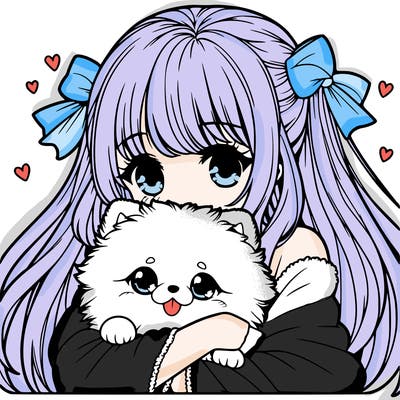 manga girl cuddling a kawaii pomeranian