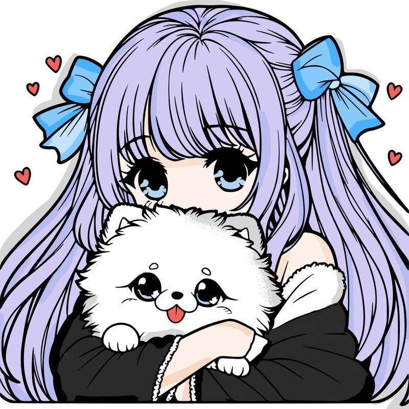 manga girl cuddling a kawaii pomeranian