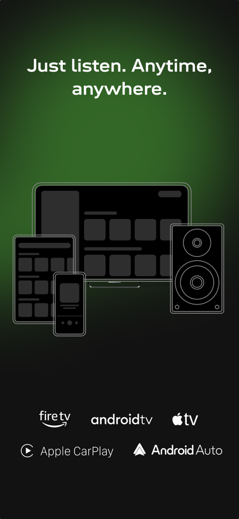 radio.net - AM FM Radio Tuner - Illustration of radio.net app compatibility on smartphone, tablet, TV, and speakers with platform logos like CarPlay and Android Auto