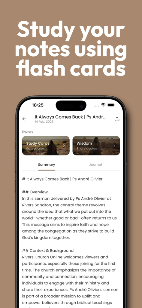 설교 요약과 플래시카드 학습 노트 및 지혜 인용구 보기 옵션을 보여주는 iPhone 화면