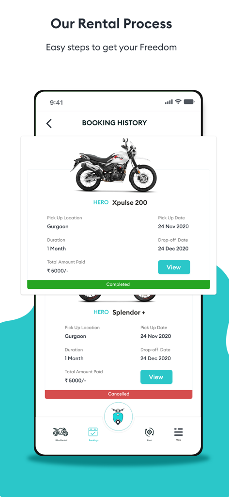 Freedo Rentals - Mobile app screen showing the booking history of bike rentals including bike model and rental status.