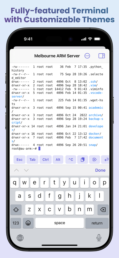 SwiftServer - Monitoring & SSH - SwiftServer mobile app displaying a full featured SSH terminal on an iPhone.