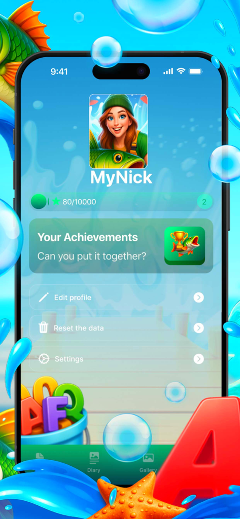 User profile screen of the Deep Sea Fish Notes app displaying level progress, achievements, and account settings with an underwater theme.