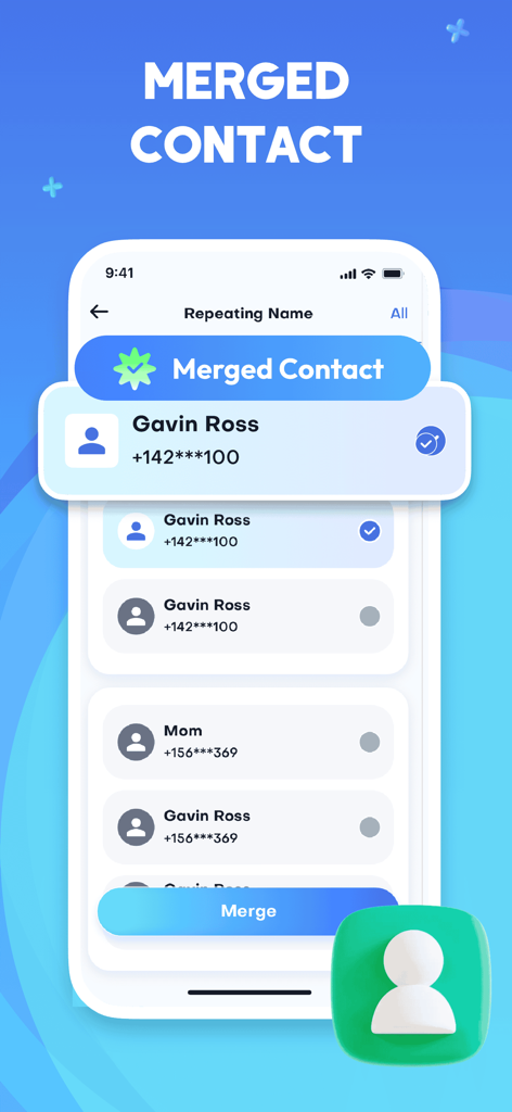 Interfaz de la aplicación Super Cleaner que muestra la función para fusionar nombres de contacto duplicados y repetidos