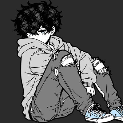 a male hoddie ripped jeans messy hair anime