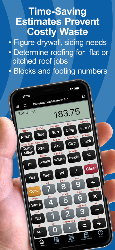 Construction Master Pro Calc - Hand holding a phone showing the Construction Master Pro calculator app with material estimation features