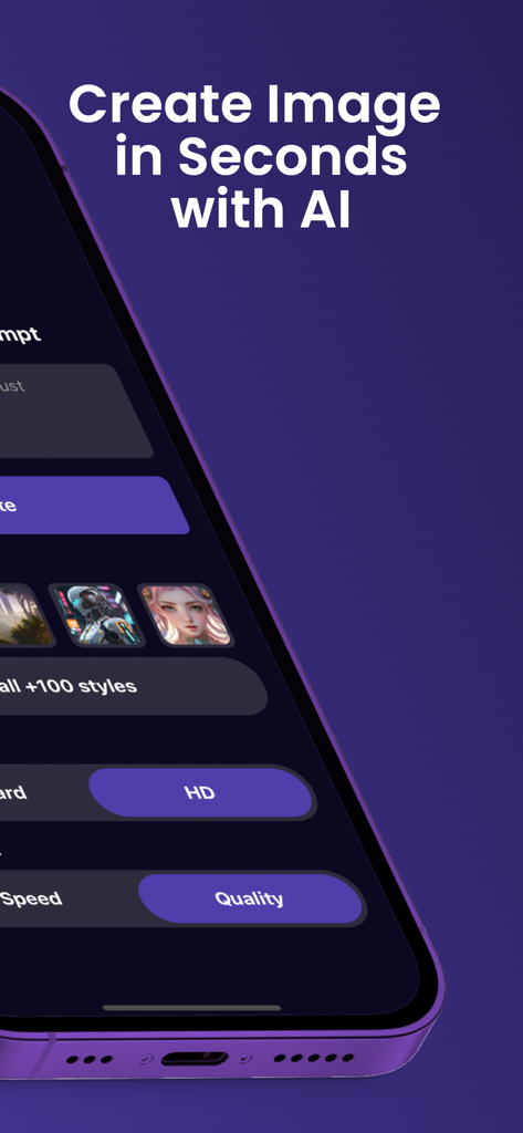 Kreat.AI Image Generator - A smartphone showing the Kreat AI Image Generator app with text based prompts and style selection options for AI image creation.