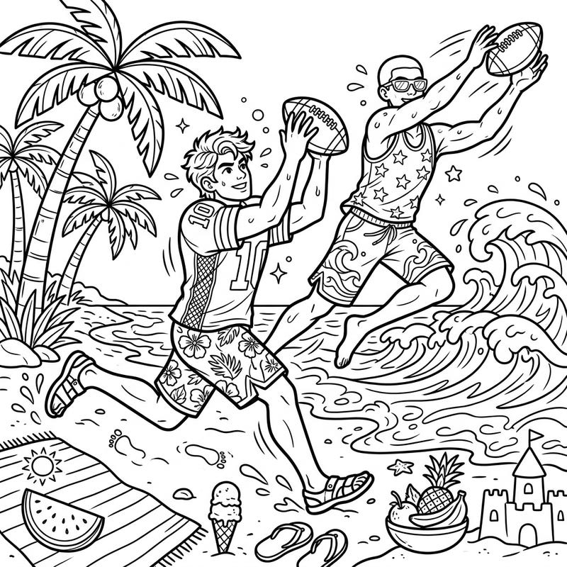 Get ready for an energetic summer with this exciting coloring page featuring wide receivers playing football on a vibrant beach. Full of dynamic action and sunny details, it's perfect for sports fans and summer enthusiasts alike.