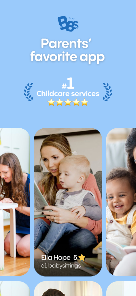 Baby Sittor - Promotional screen for Baby Sittor showing it as the number one childcare service with five star babysitter profiles.