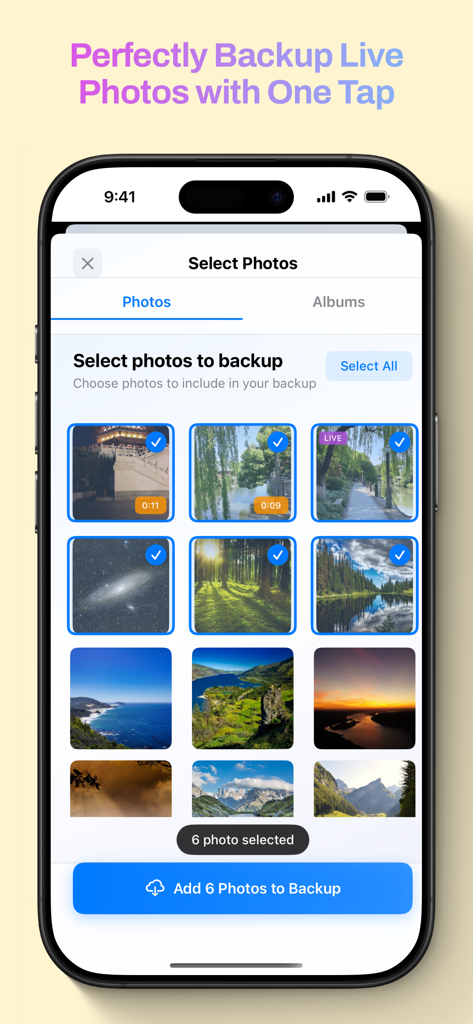 BackiGo - iPhone의 BackiGo 앱 인터페이스, 라이브 사진 및 비디오 백업을 위한 사진 선택 화면 표시