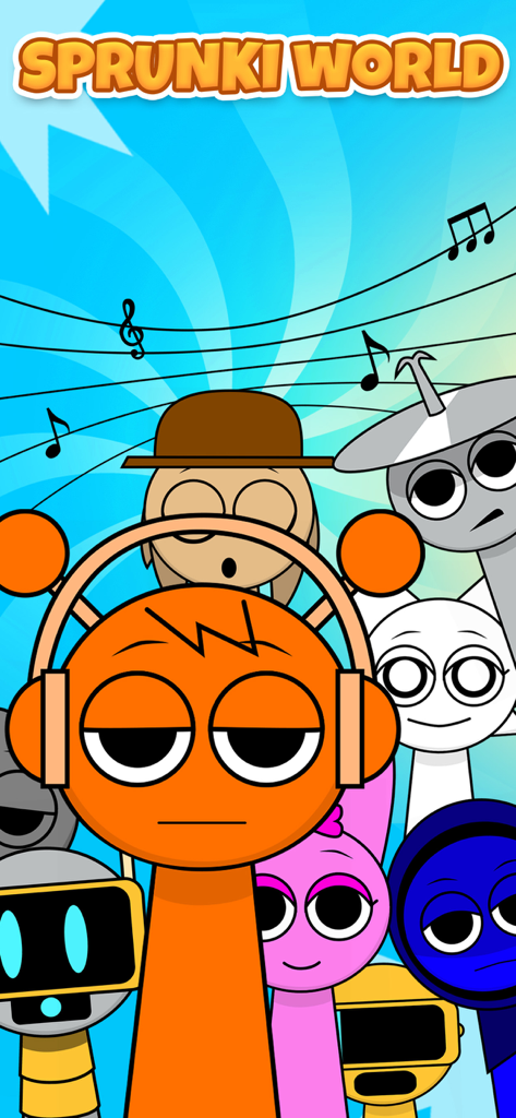 World Sprunkis all Phases - Colorful cartoon characters from the World Sprunkis music game featuring an orange character with headphones in the foreground