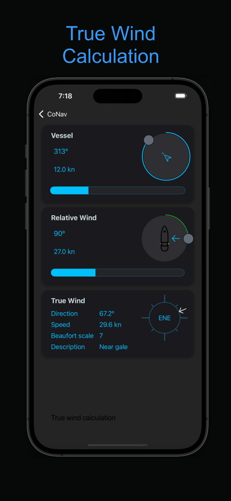 CoNav - Screenshot dell'app CoNav che mostra il calcolo del vento reale marittimo con velocità della nave e dati sulla direzione del vento