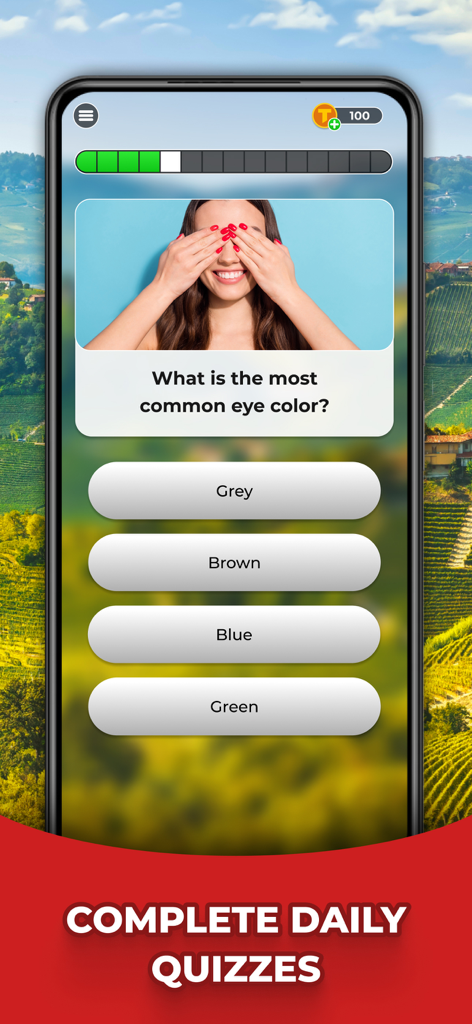 Triviascapes: Quiz & IQ test - Una pregunta de trivialidades sobre el color de ojos en un fondo temático de naturaleza en la aplicación Triviascapes.