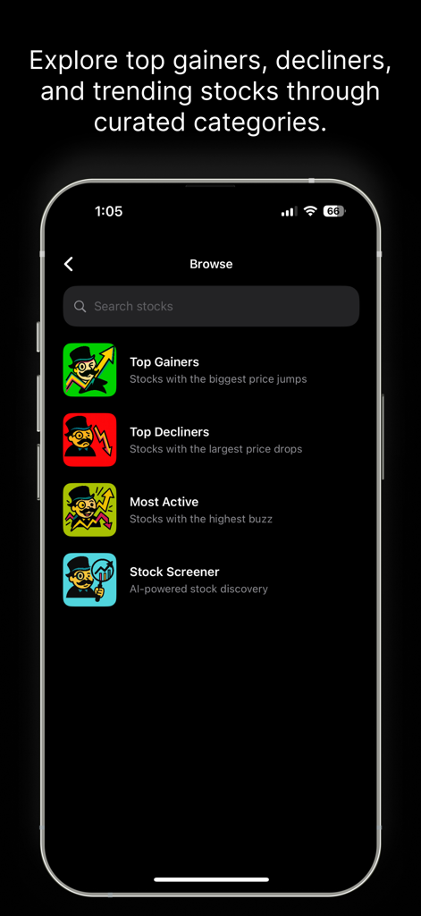 Alfred -Stock Market & Trading - Alfred app browse interface showing curated stock categories like top gainers and decliners