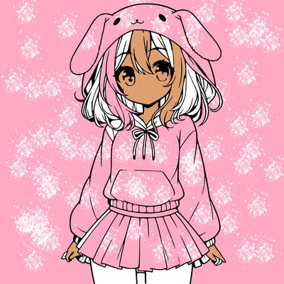 pretty anime girl wearing a fluffy hoodie with bunny ears on the hood and a skirt