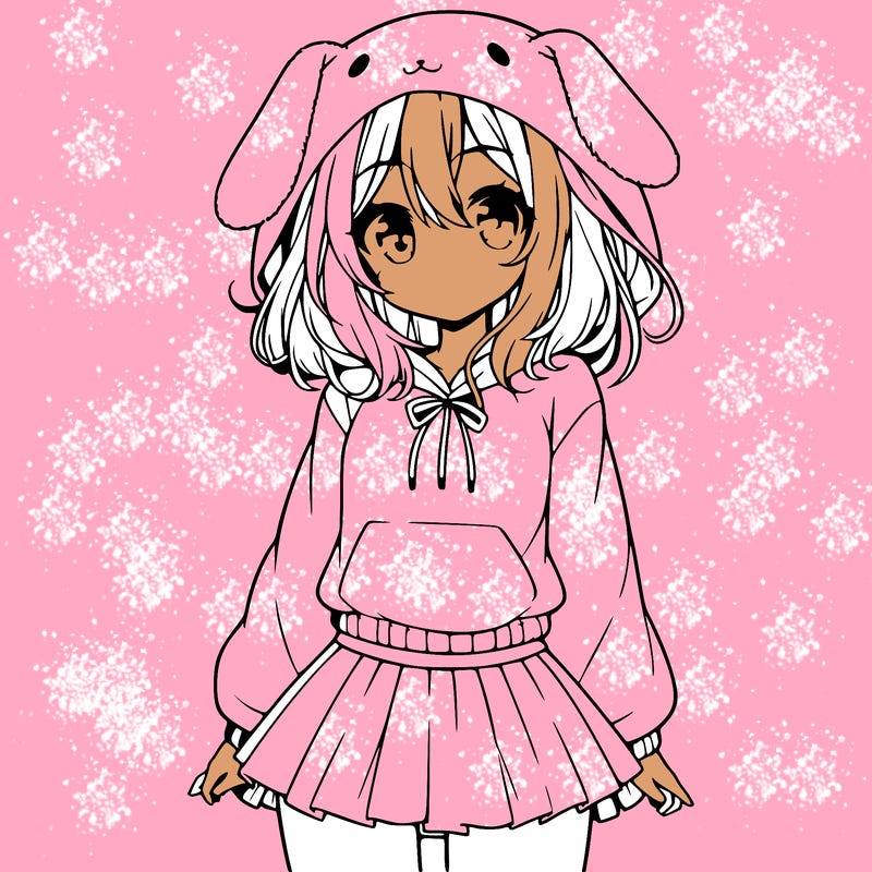 pretty anime girl wearing a fluffy hoodie with bunny ears on the hood and a skirt