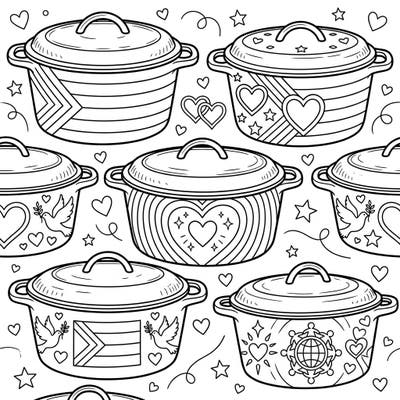 Immerse yourself in a creative celebration of love and diversity with this charming coloring page featuring Dutch ovens adorned with vibrant Pride symbols. Each pot is a canvas waiting for your colorful expression, perfect for artists of all ages.