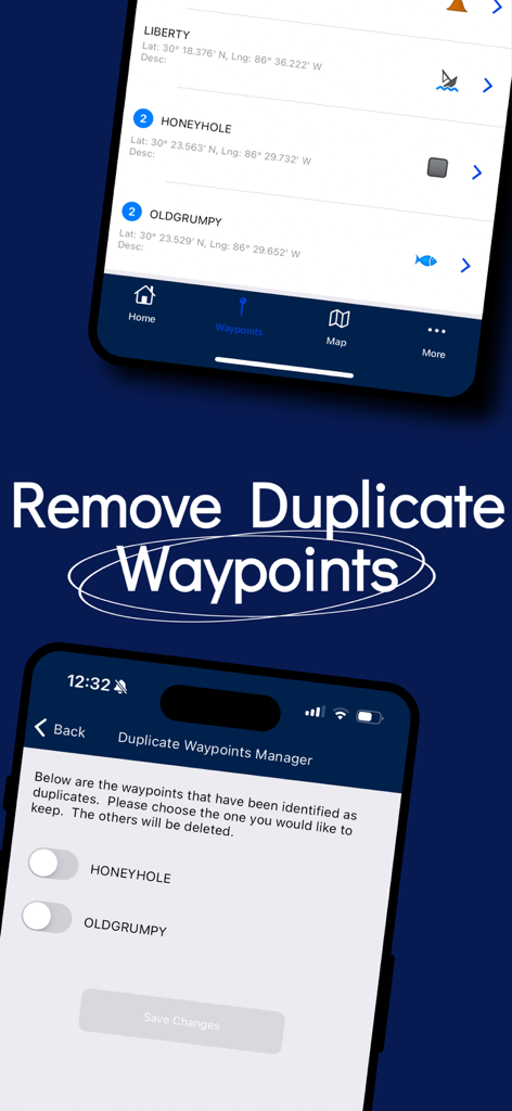 Screenshot of On My Marks app showing the interface for removing duplicate GPS waypoints
