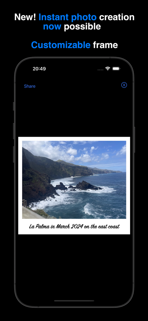 Instant Photo Note - Aplicación Nota de Foto Instantánea mostrando una foto de paisaje costero con un pie de foto en un marco blanco personalizable