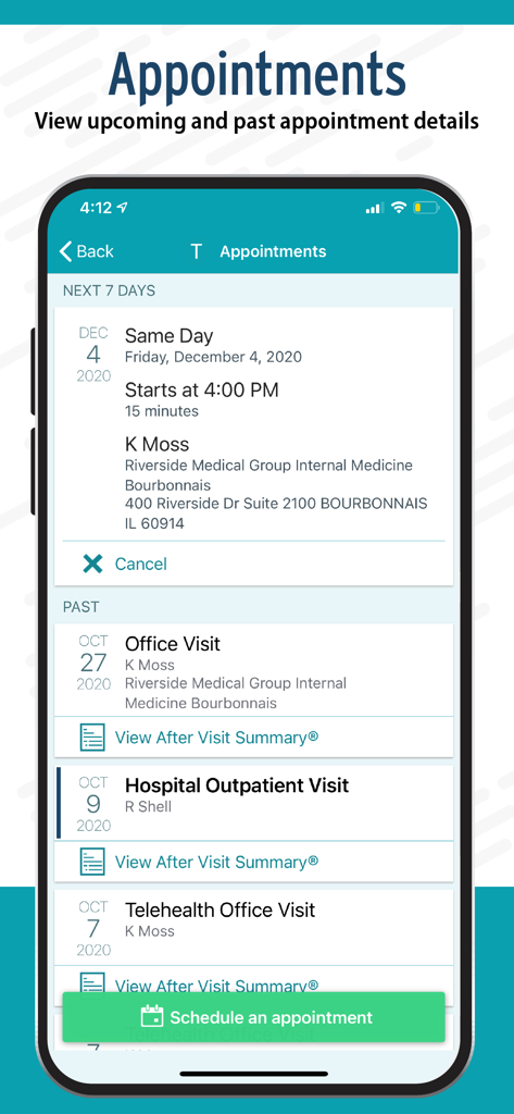 Mobile app interface showing upcoming and past healthcare appointments with provider details and a scheduling button.