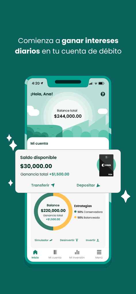 DINN: Invierte fácil - Panel de control de la app DINN que muestra el saldo de la cuenta y las ganancias de intereses diarios en la pantalla de un smartphone.