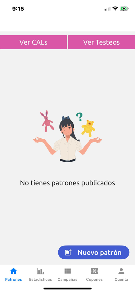 Patronix - Interfaccia dell'app mobile Patronix che mostra una schermata senza schemi pubblicati e un pulsante per creare un nuovo schema.