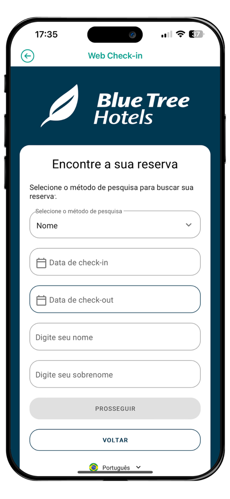 Tela de check-in web do aplicativo móvel Blue Tree Hotels com formulário de busca de reservas