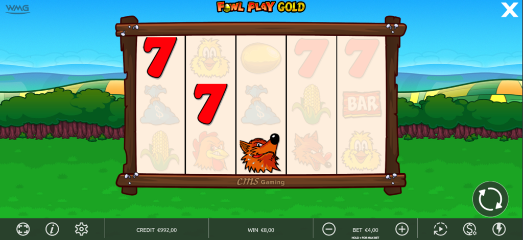 Interfaccia del gioco di slot machine Fowl Play Gold che mostra rulli con numeri e icone di animali su uno sfondo di fattoria