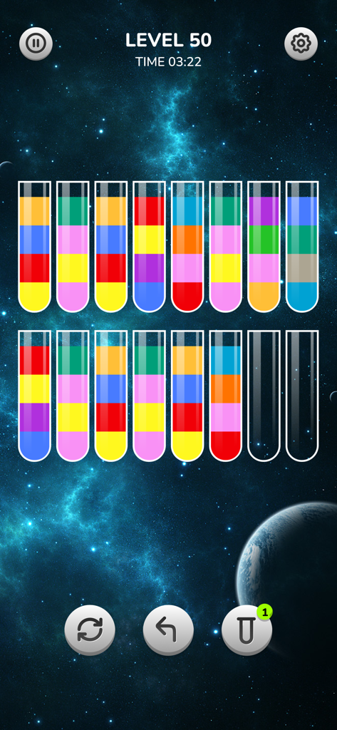 Color Water Sorting Game Tubes - Color water sorting puzzle game featuring test tubes with multi-colored liquids against a space galaxy background