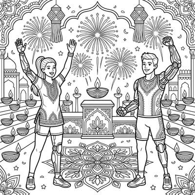 Discover a unique coloring page featuring bionic athletes celebrating the vibrant festival of Diwali. This illustration beautifully combines futuristic themes with traditional Indian festivities, complete with fireworks and diyas.