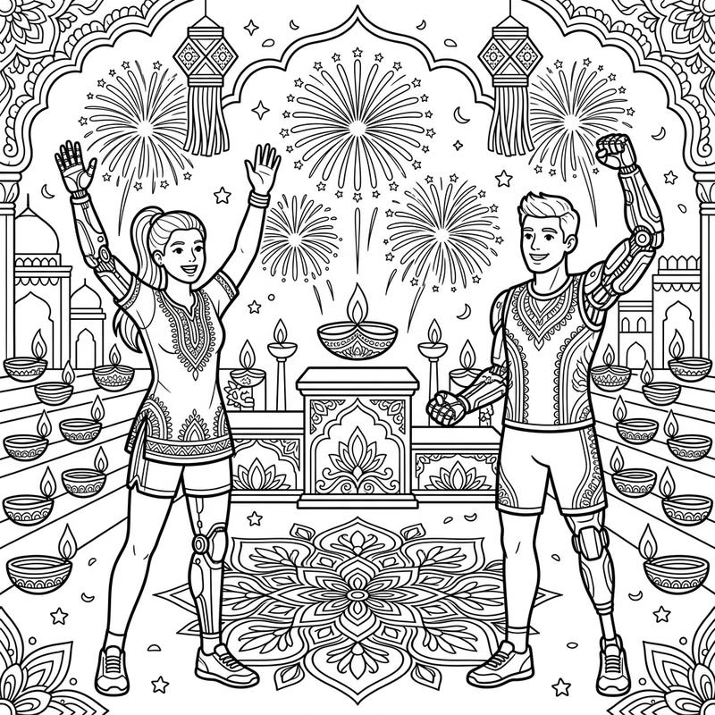 Discover a unique coloring page featuring bionic athletes celebrating the vibrant festival of Diwali. This illustration beautifully combines futuristic themes with traditional Indian festivities, complete with fireworks and diyas.