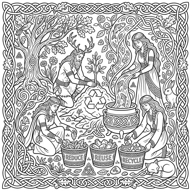 Journey to an enchanted forest where Celtic deities champion environmental stewardship in this captivating coloring page. Celebrate Earth Day by bringing vibrant life to ancient gods and goddesses preserving our planet.