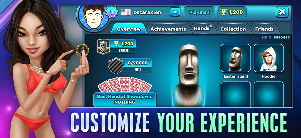 HD Poker: Texas Holdem - HD Poker player profile interface showing avatar collection and customization options