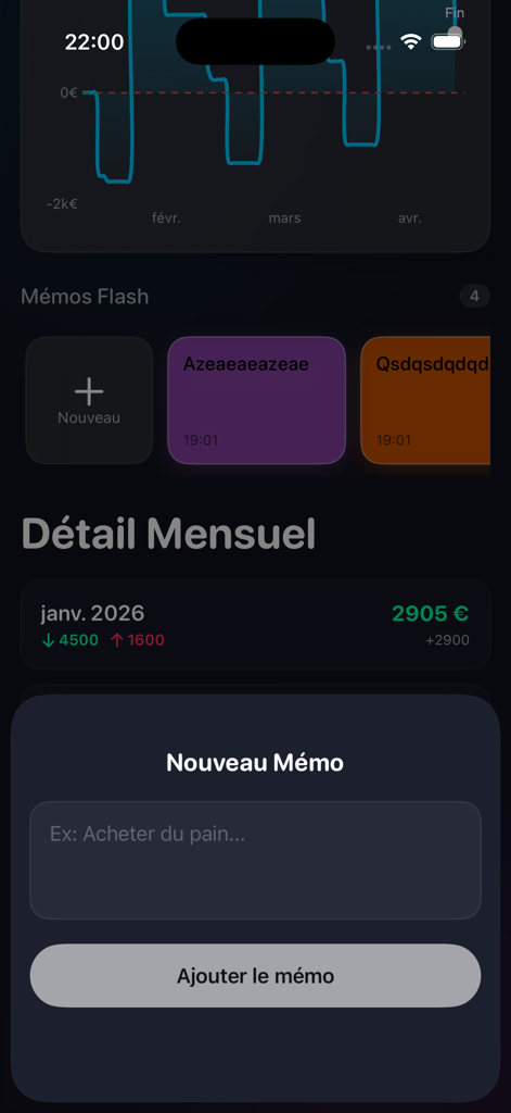 JetMoney mobile app interface showing a budget projection chart and quick memo entry in dark mode.