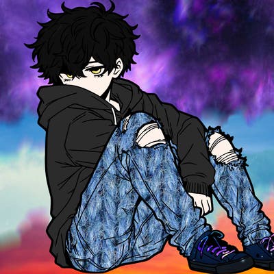 a male hoddie ripped jeans messy hair anime