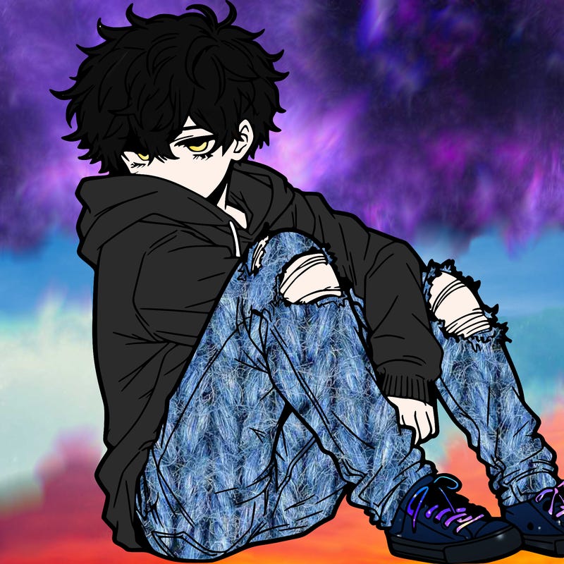 a male hoddie ripped jeans messy hair anime