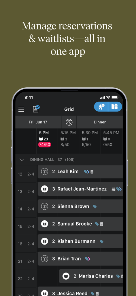SevenRooms OS app interface for managing restaurant reservations and guest lists.