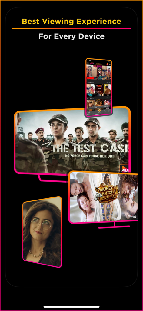 ALTT – Webseries & Movies - Pantalla promocional de la aplicación ALTT que muestra series web disponibles en múltiples dispositivos, como teléfonos inteligentes y pantallas de TV