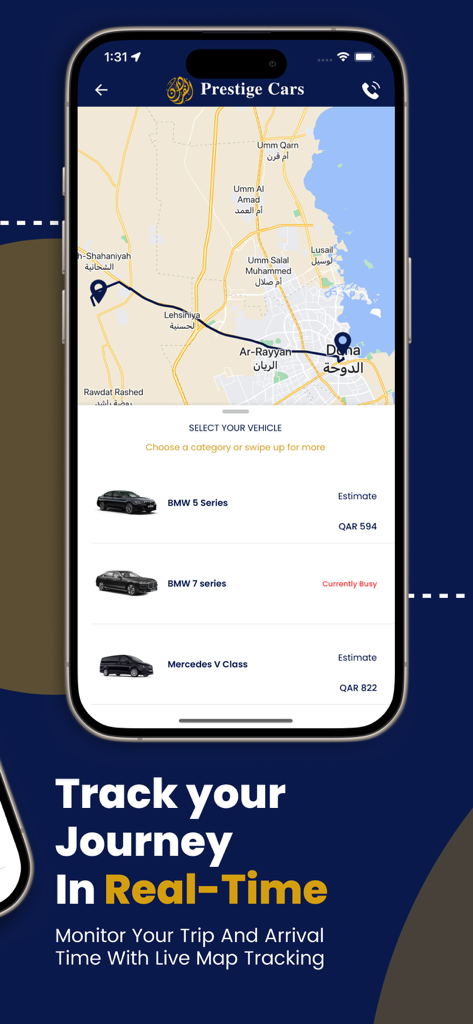 Prestige Cars app interface showing a map of Doha with real-time trip tracking and luxury vehicle selection