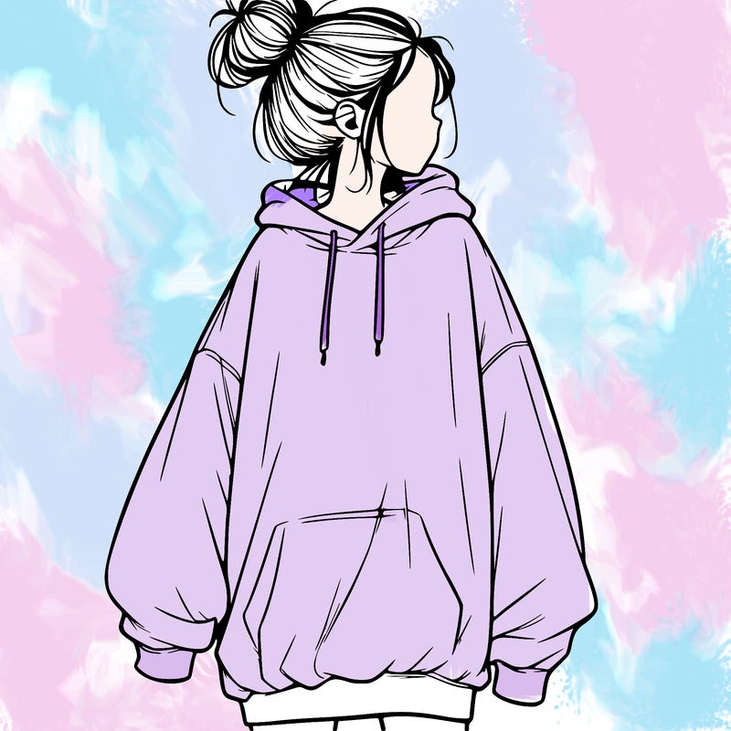 realistic girl with a oversized sweatshirt on and a bun