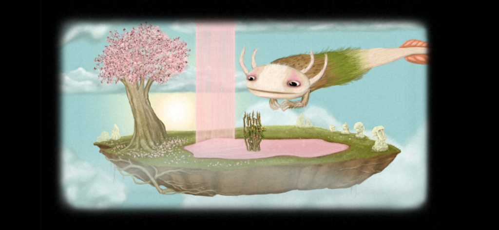 Fran Bow - A hand-painted surreal landscape from Fran Bow featuring a floating island with a pink pond and a flying creature.