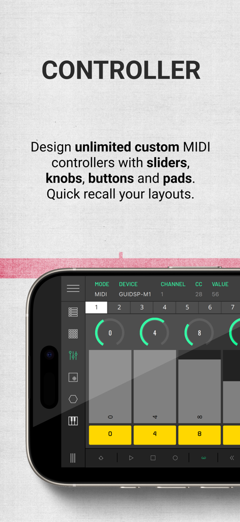 LK - Ableton & Midi Controller - Smartphone screen displaying the LK app custom MIDI controller interface with virtual knobs and sliders