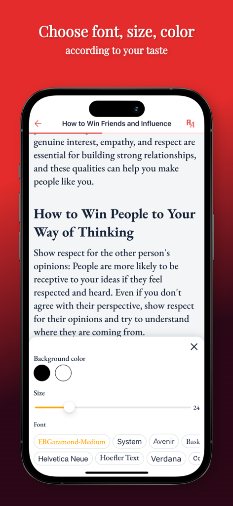 ReadBay: Book Summaries - Interface of ReadBay app showing customization options for font type size and background color
