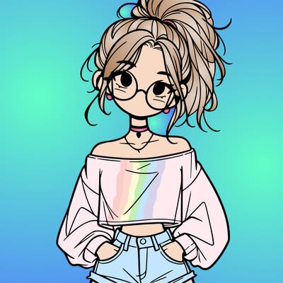 girl with a messy ponytail glasses a baggy crop top and jean shorts