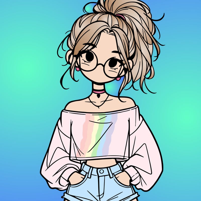 girl with a messy ponytail glasses a baggy crop top and jean shorts
