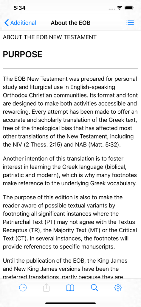 Eastern Orthodox Bible - A page in the Eastern Orthodox Bible app explaining the scholarly purpose and textual variants of the New Testament translation.